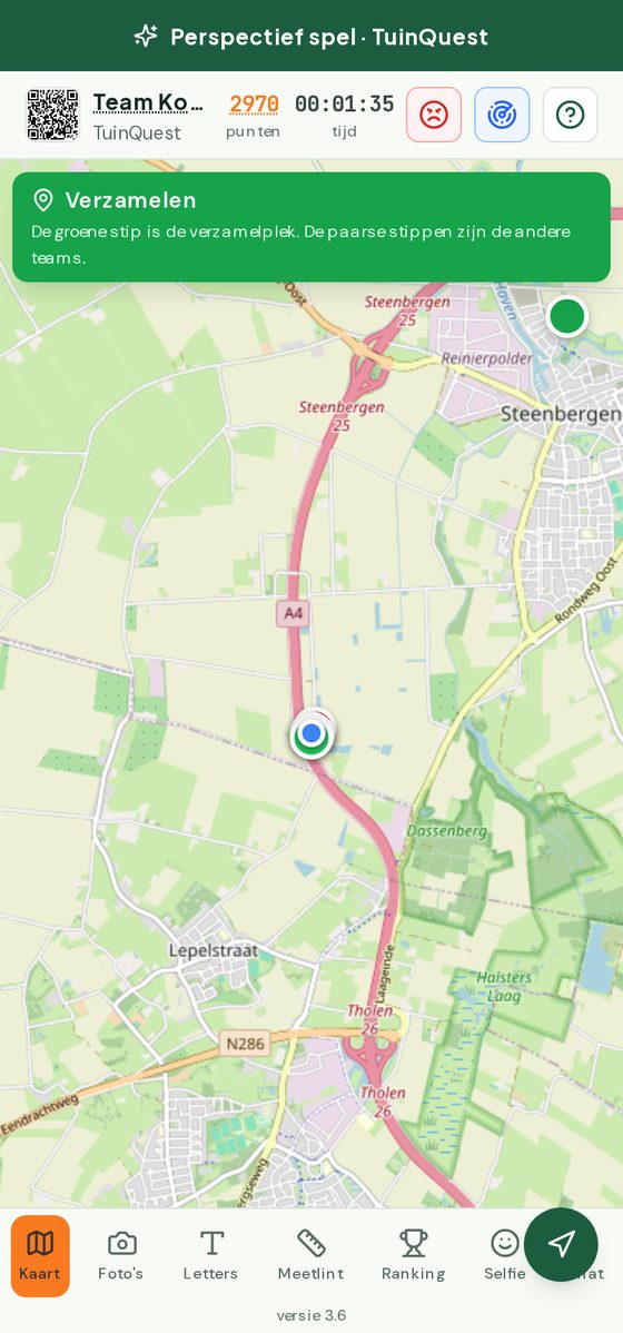 De kaart in de spelers-app met de groene verzamelplek en jouw positie