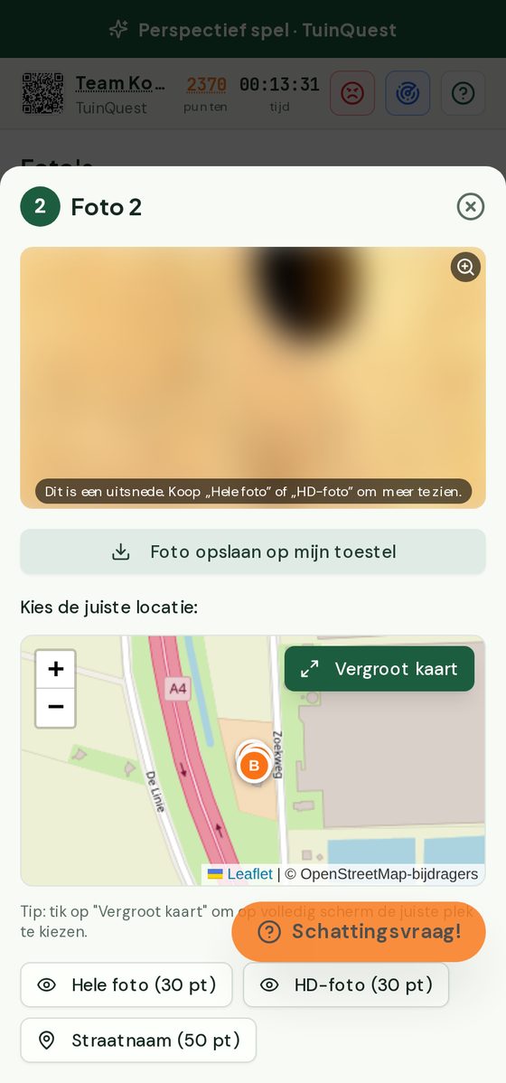 Een foto met een wazige uitsnede en knoppen om hints te kopen