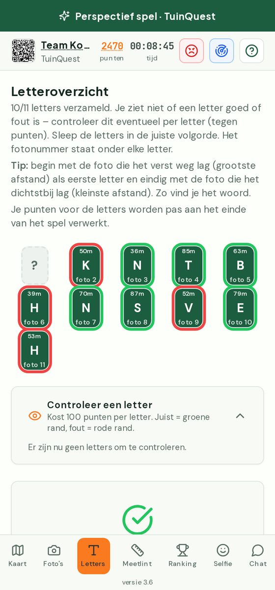 Het letteroverzicht met verzamelde letters en afstanden