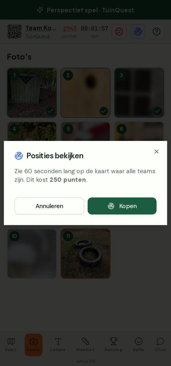 Het venster om de posities van alle teams te bekijken