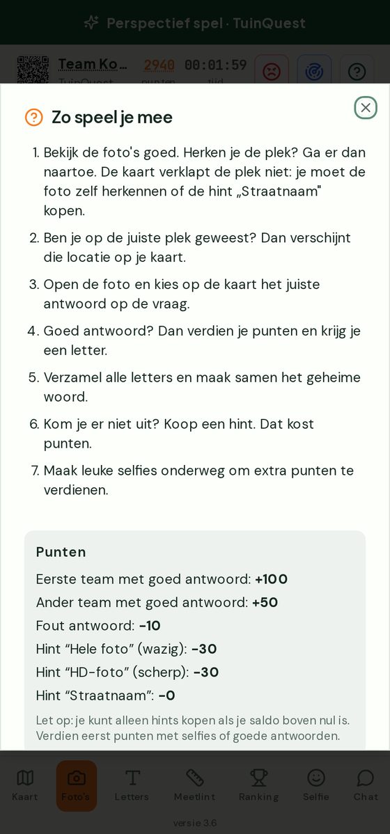Het uitlegscherm met een overzicht van de punten