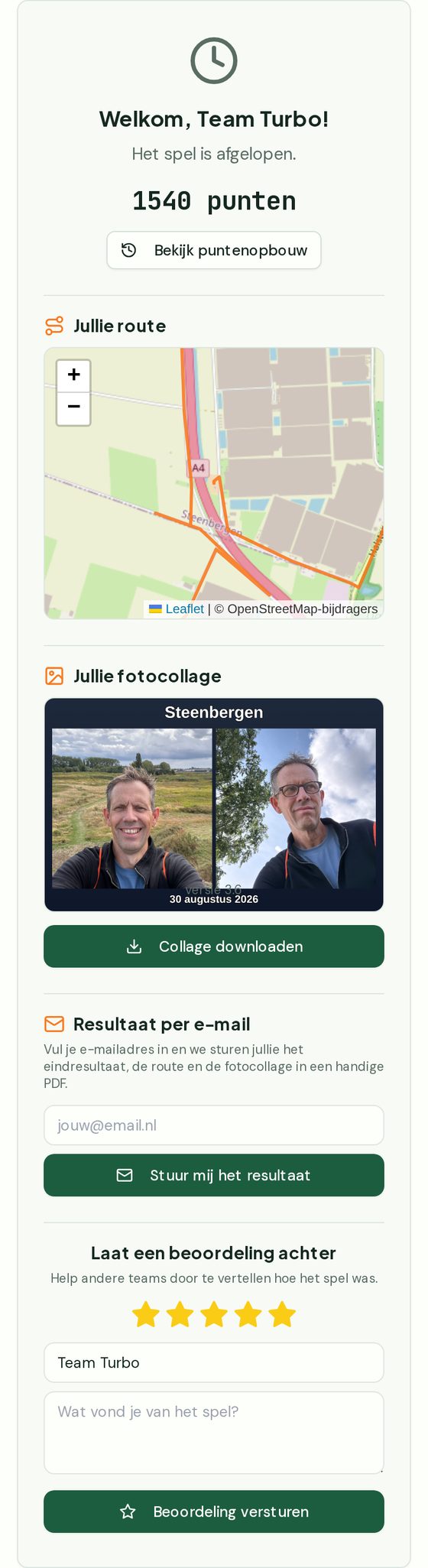 Het eindscherm met de punten, de route en de fotocollage